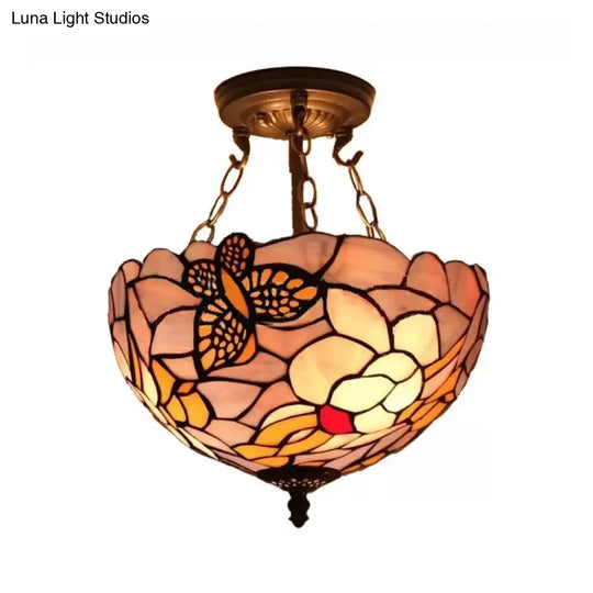 Victorian Floral Semi Flush Led Ceiling Light With Stained Glass Shade - 12 W Purple