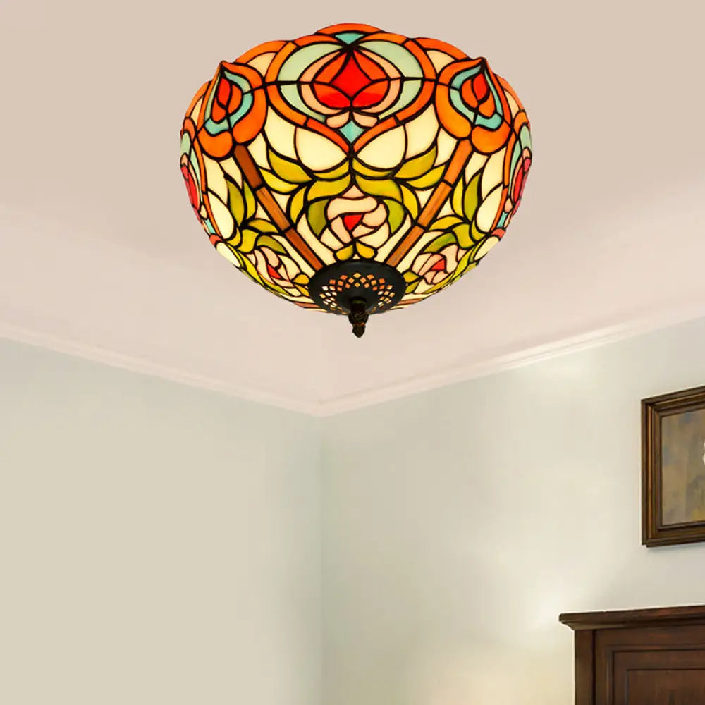 Victorian Glass Ceiling Flush Mount Light Fixture - Bowl Cut 2/3/5 Heads White/Green