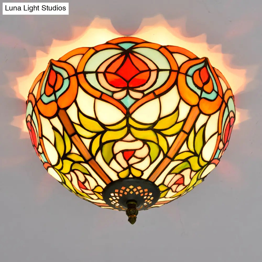 Victorian Glass Ceiling Flush Mount Light Fixture - Bowl Cut 2/3/5 Heads White/Green