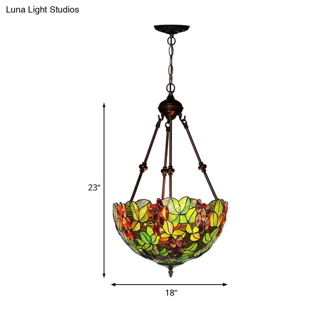 Victorian Green Ceiling Pendant Chandelier With Stained Glass Shade - 2/3 Lights