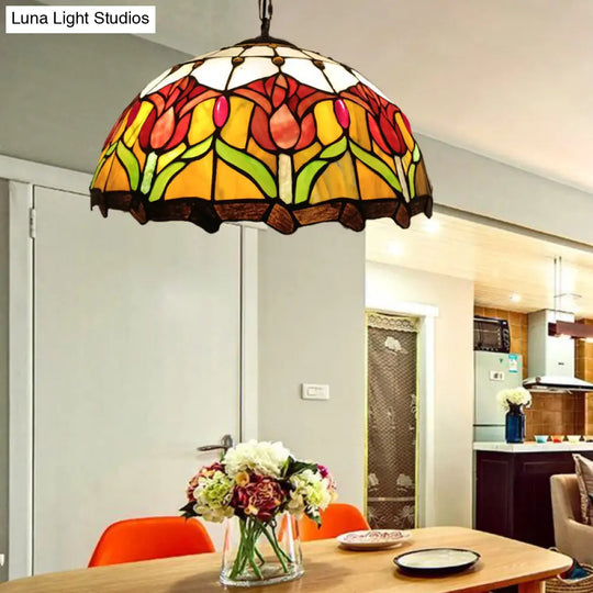 Victorian Hand Cut Glass Blossom Chandelier - Yellow 3-Light Ceiling Pendant