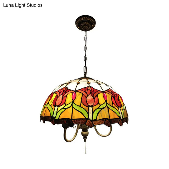 Victorian Hand Cut Glass Blossom Pendant Light - Yellow 3-Light Ceiling Chandelier