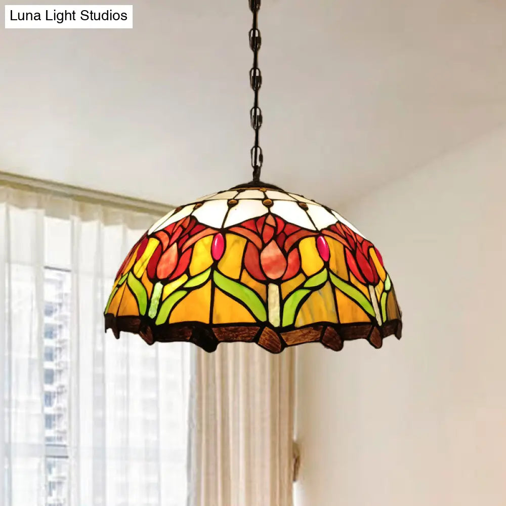 Victorian Hand Cut Glass Blossom Pendant Light - Yellow 3-Light Ceiling Chandelier