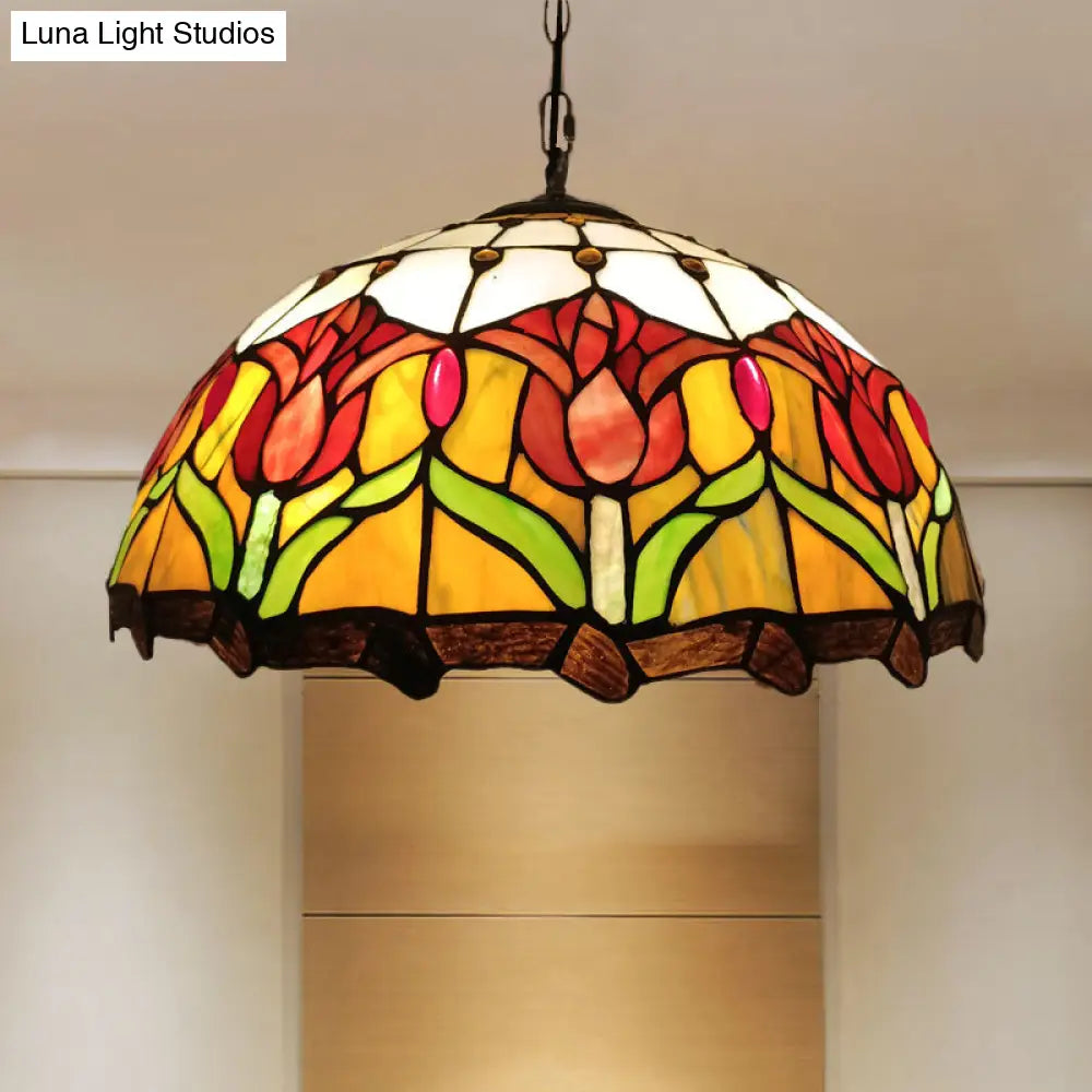 Victorian Hand Cut Glass Blossom Pendant Light - Yellow 3-Light Ceiling Chandelier