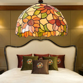 Victorian Orange Stained Glass Sunflower Pendant Lamp 1 Head Down Lighting 12’/16’ Wide / 12’