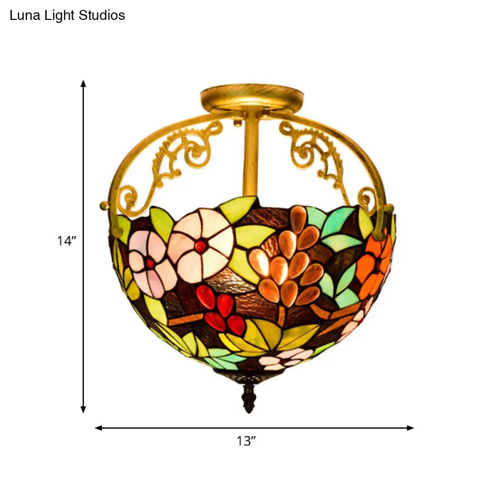 Victorian Red/Pink/Green Cut Glass Semi Flush Light Fixture - 2 - Light Floral Bush Ceiling For