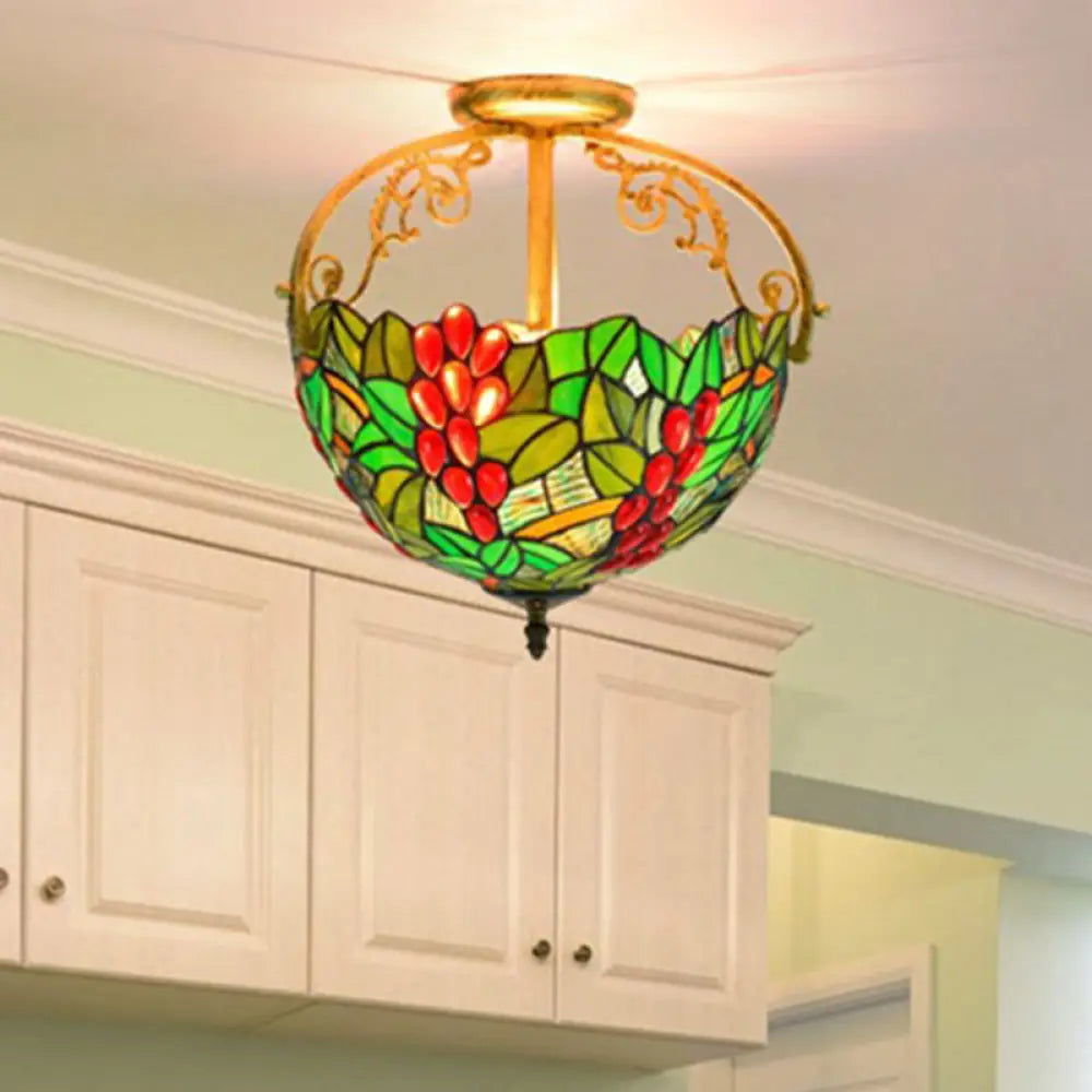 Victorian Red/Pink/Green Cut Glass Semi Flush Light Fixture - 2 - Light Floral Bush Ceiling For