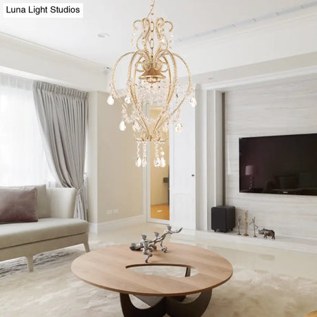 Victorian Scroll Pendant Lamp With Crystal Accent - Single Golden Ceiling Light