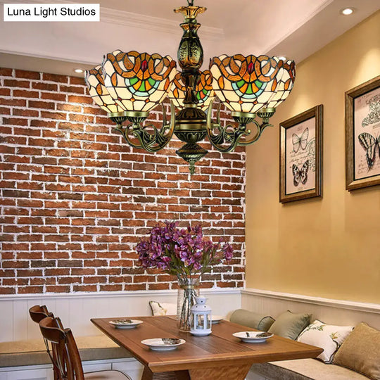 Victorian Stained Glass Pendant Chandelier - Height Adjustable & 5-Light Bowl Ceiling Fixture