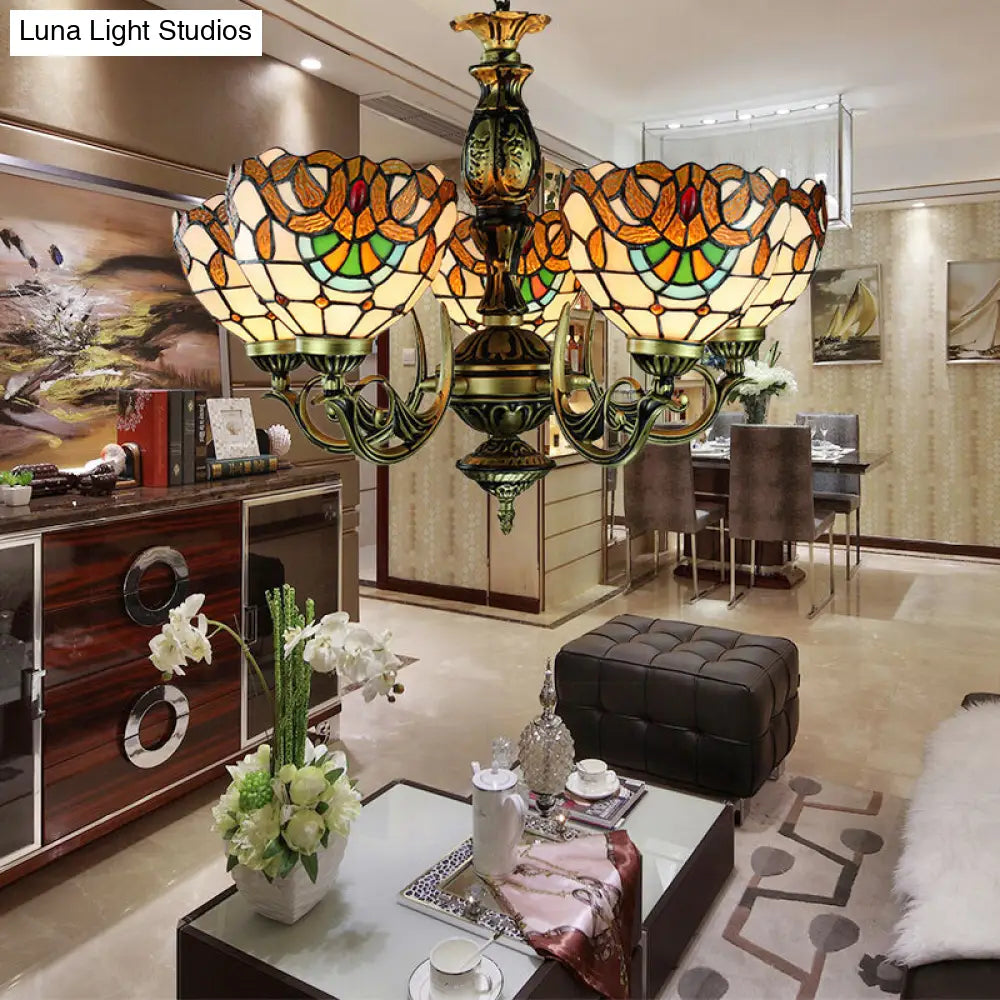 Victorian Stained Glass Pendant Chandelier - Height Adjustable & 5-Light Bowl Ceiling Fixture Beige