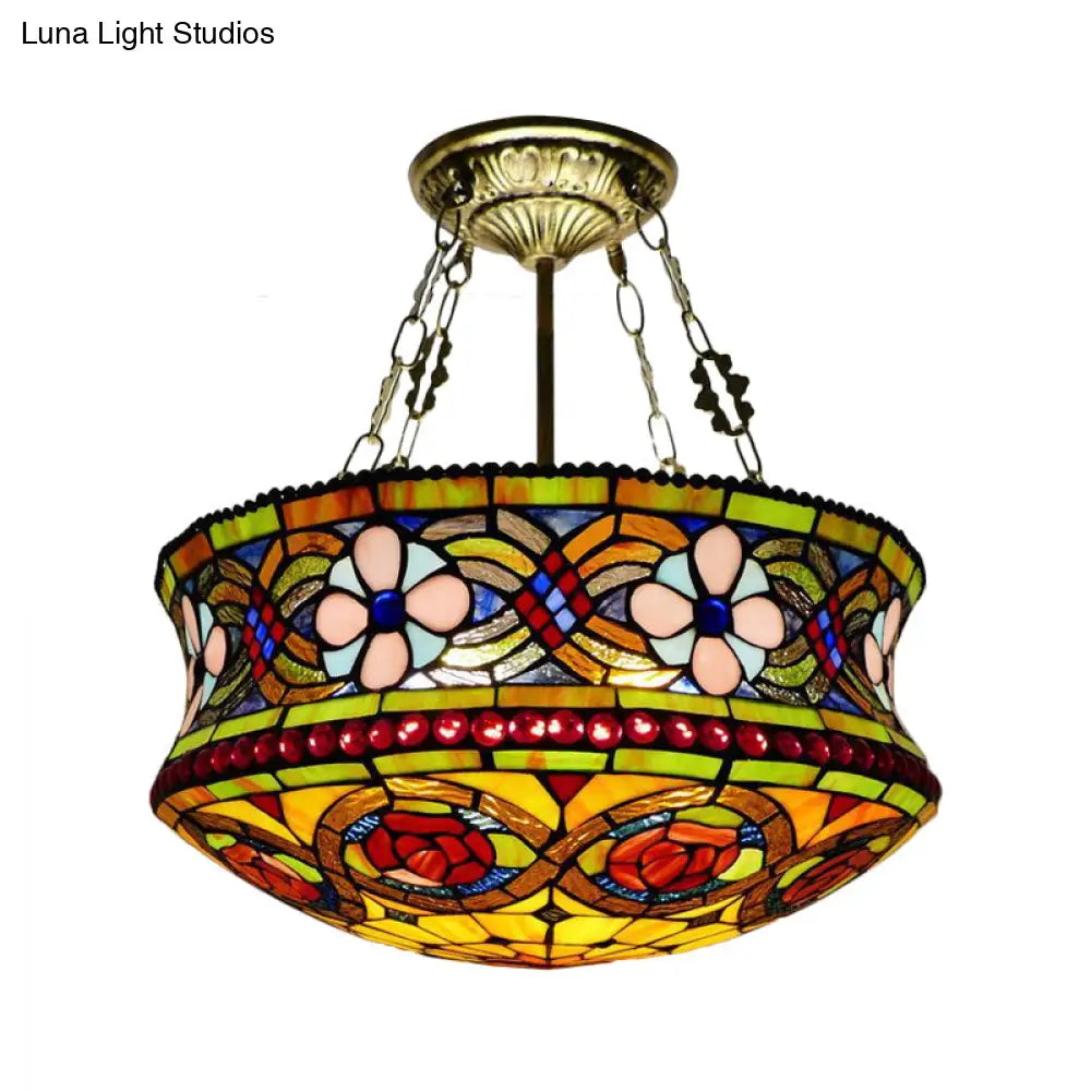Victorian Stained Glass 5 - Light Semi Mount Ceiling Fixture For Bedroom - Brown