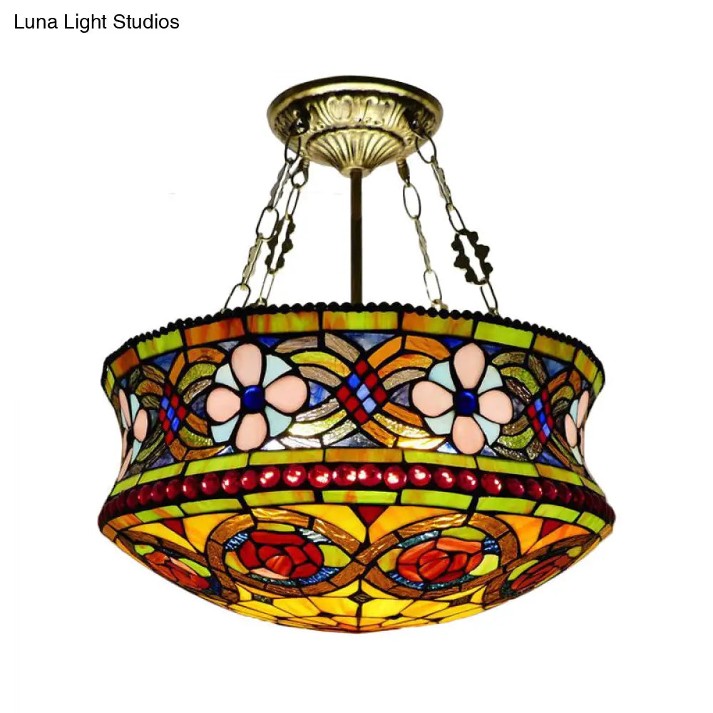 Victorian Stained Glass 5-Light Semi Mount Ceiling Fixture For Bedroom - Brown