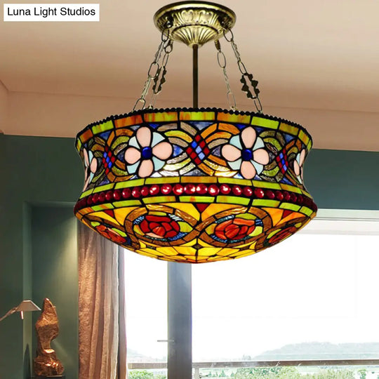 Victorian Stained Glass 5-Light Semi Mount Ceiling Fixture For Bedroom - Brown