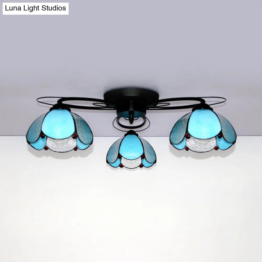 Victorian Stained Glass Ceiling Fixture - Dome Shape Black Flush Mount With 3 Lights