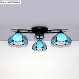 Victorian Stained Glass Ceiling Fixture - Dome Shape Black Flush Mount With 3 Lights