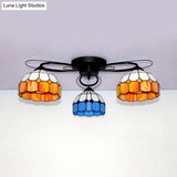 Victorian Stained Glass Ceiling Fixture - Dome Shape Black Flush Mount With 3 Lights