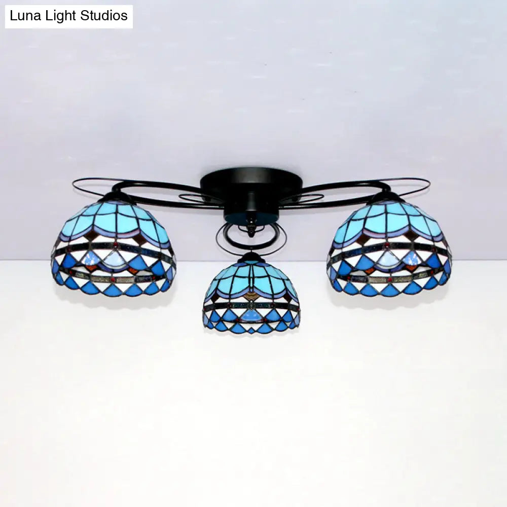 Victorian Stained Glass Ceiling Fixture - Dome Shape Black Flush Mount With 3 Lights