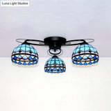 Victorian Stained Glass Ceiling Fixture - Dome Shape Black Flush Mount With 3 Lights