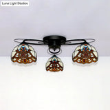 Victorian Stained Glass Ceiling Fixture - Dome Shape Black Flush Mount With 3 Lights