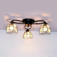 Victorian Stained Glass Ceiling Fixture - Dome Shape Black Flush Mount With 3 Lights / Square