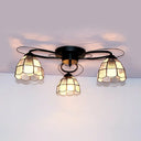 Victorian Stained Glass Ceiling Fixture - Dome Shape Black Flush Mount With 3 Lights / Square
