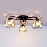 Victorian Stained Glass Ceiling Fixture - Dome Shape Black Flush Mount With 3 Lights / Square