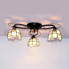 Victorian Stained Glass Ceiling Fixture - Dome Shape Black Flush Mount With 3 Lights / Square