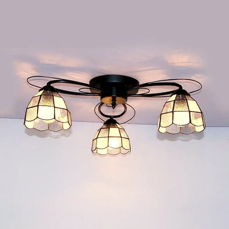 Victorian Stained Glass Ceiling Fixture - Dome Shape Black Flush Mount With 3 Lights / Square