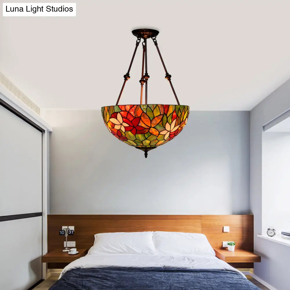 Victorian Stained Glass Ceiling Light With 3 Blossom Semi-Flush Mount Lights In Red/Orange/Green
