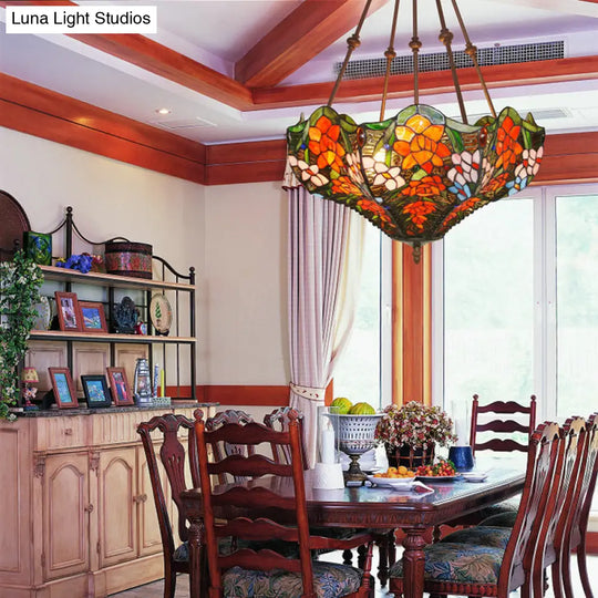 Victorian Stained Glass Ceiling Light With 3 Blossom Semi-Flush Mount Lights In Red/Orange/Green For