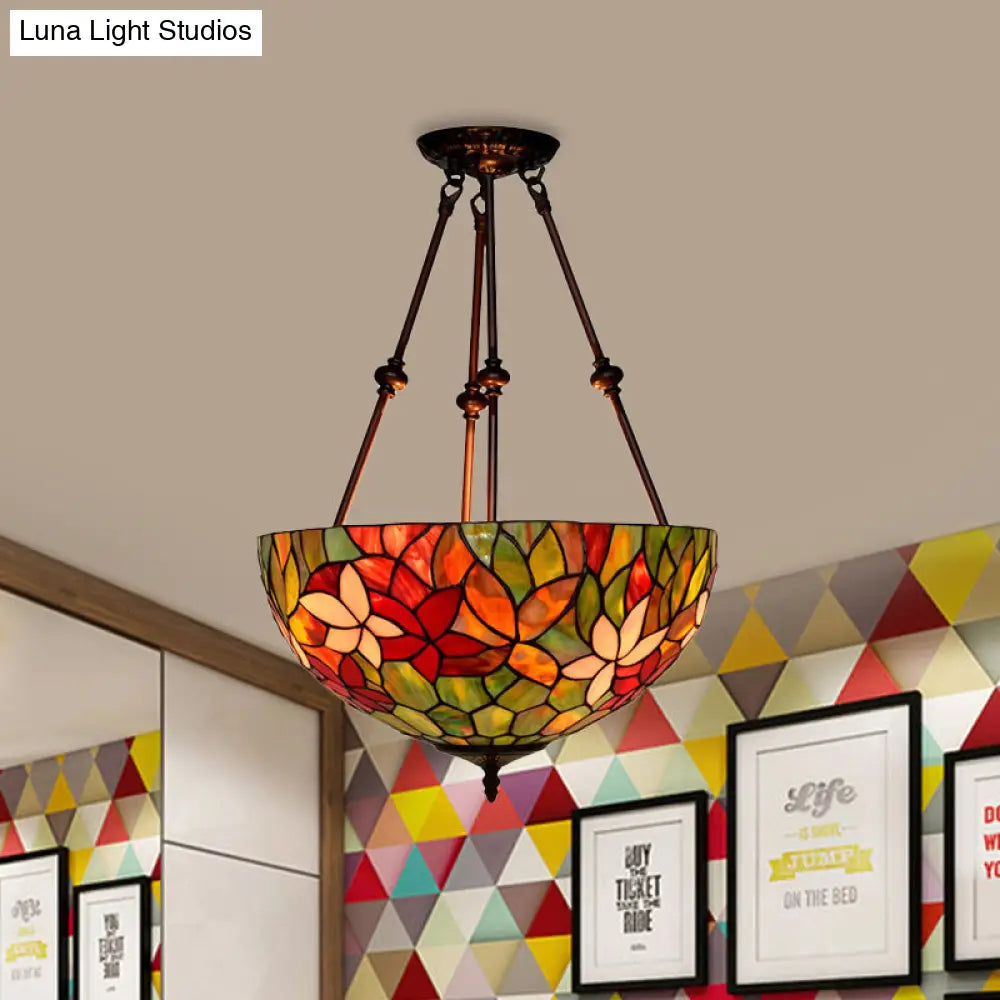 Victorian Stained Glass Ceiling Light With 3 Blossom Semi-Flush Mount Lights In Red/Orange/Green For