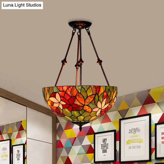 Victorian Stained Glass Ceiling Light With 3 Blossom Semi-Flush Mount Lights In Red/Orange/Green For