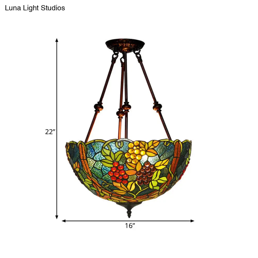 Victorian Stained Glass Ceiling Light With 3 Blossom Semi-Flush Mount Lights In Red/Orange/Green