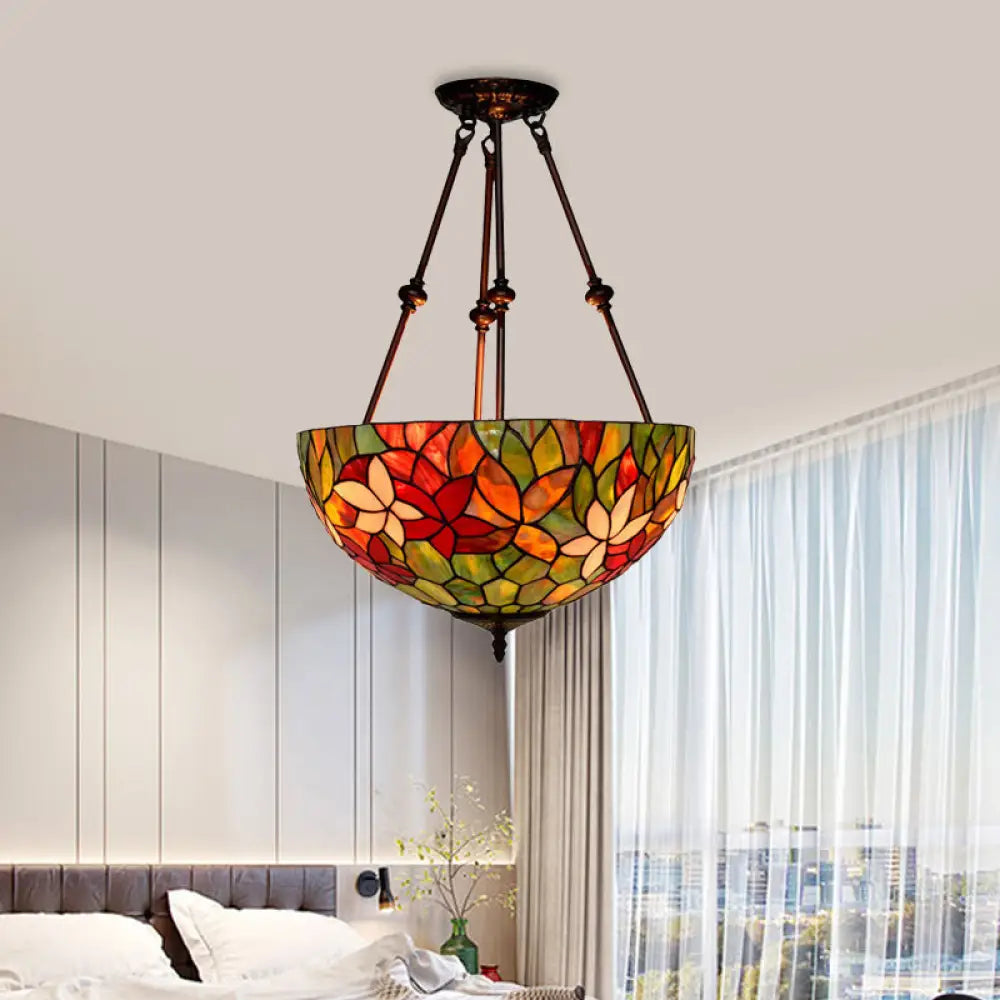 Victorian Stained Glass Ceiling Light With 3 Blossom Semi-Flush Mount Lights In Red/Orange/Green