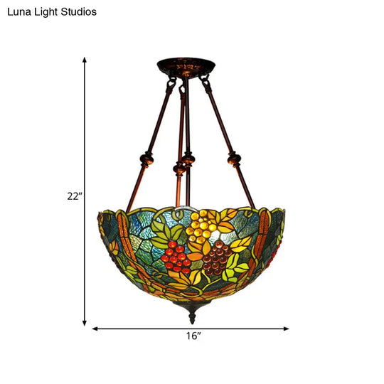 Victorian Stained Glass Ceiling Light With 3 Blossom Semi-Flush Mount Lights In Red/Orange/Green For