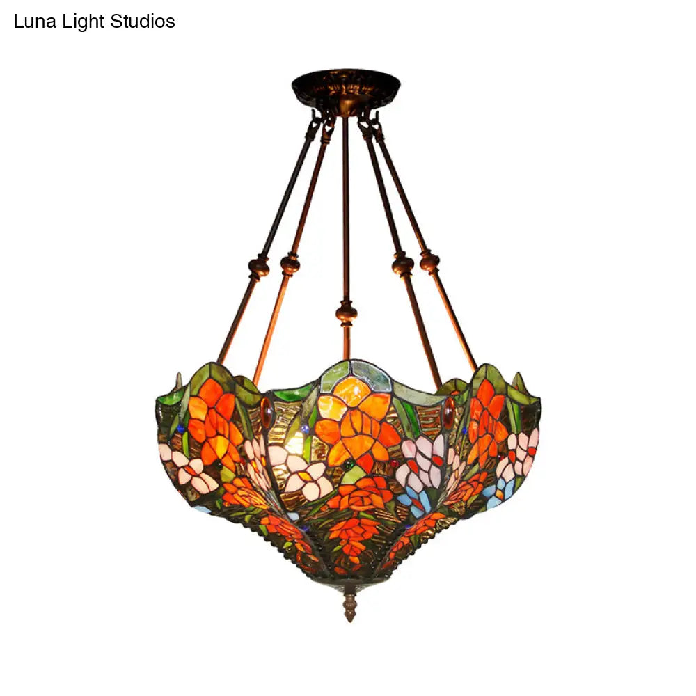 Victorian Stained Glass Ceiling Light With 3 Blossom Semi-Flush Mount Lights In Red/Orange/Green For