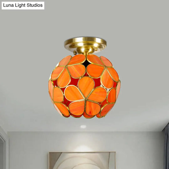 Victorian Style Single Light Flower Ceiling Fixture - White/Pink/Orange Stained Glass Semi Mount
