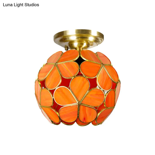 Victorian Stained Glass Flower Ceiling Light In White/Pink/Orange Semi - Mount