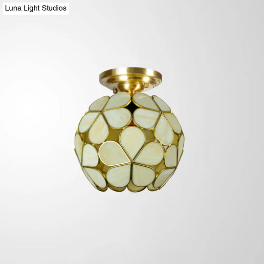 Victorian Style Single Light Flower Ceiling Fixture - White/Pink/Orange Stained Glass Semi Mount