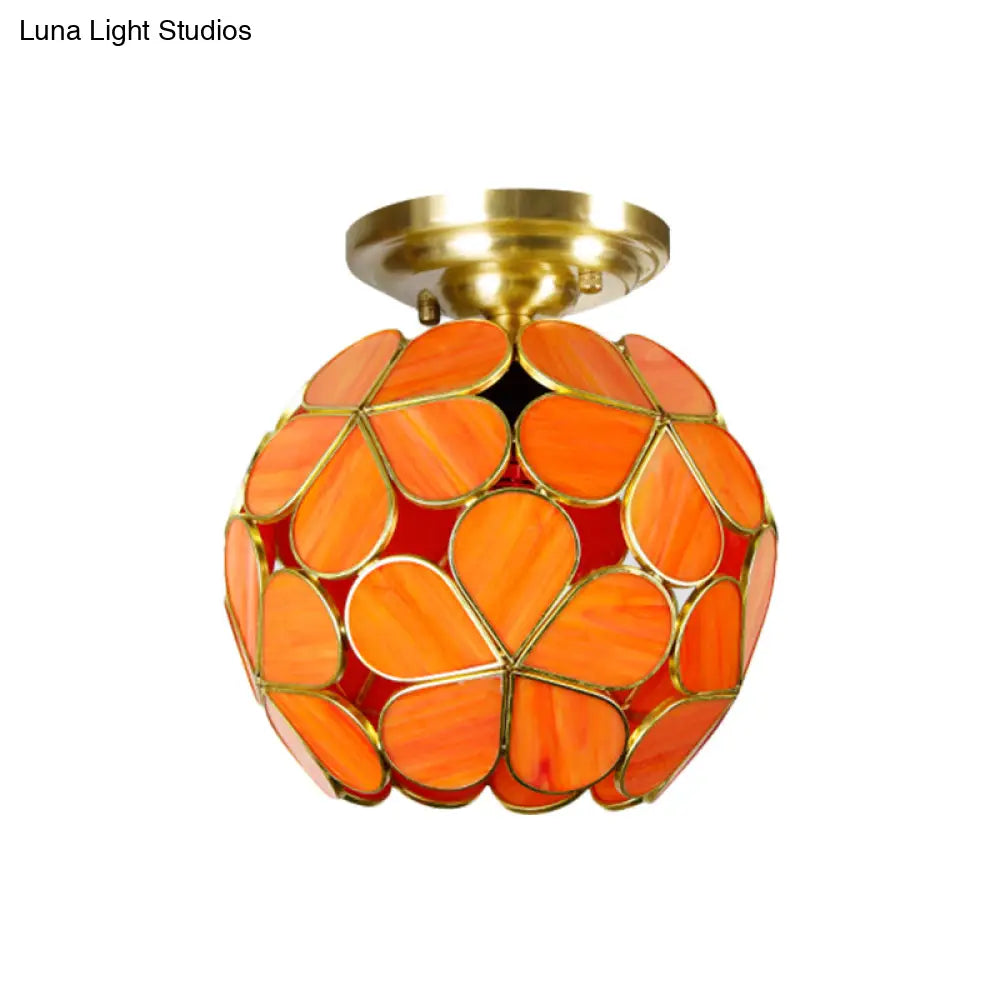 Victorian Style Single Light Flower Ceiling Fixture - White/Pink/Orange Stained Glass Semi Mount