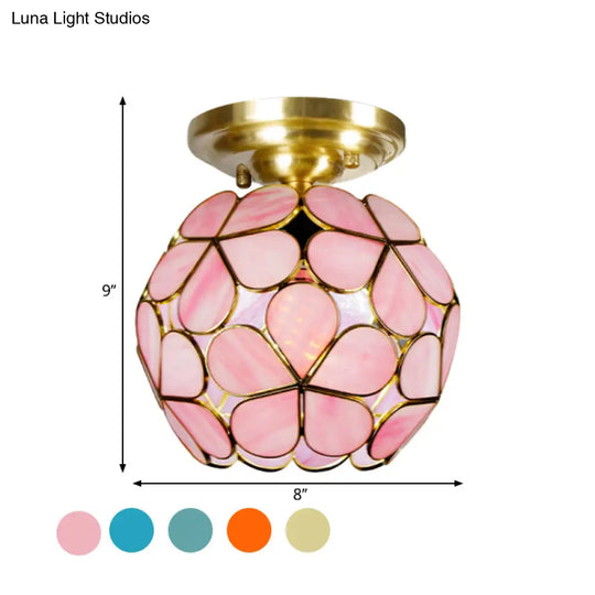 Victorian Stained Glass Flower Ceiling Light In White/Pink/Orange Semi - Mount