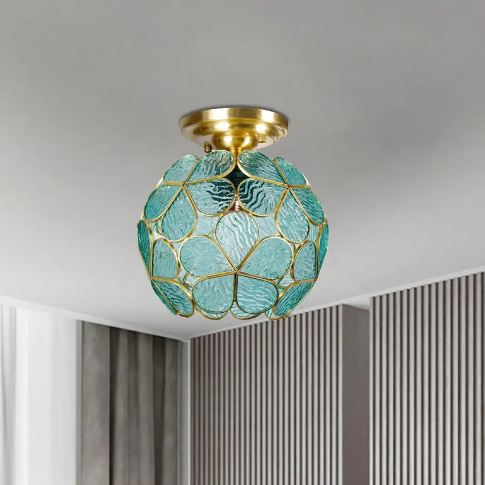Victorian Stained Glass Flower Ceiling Light In White/Pink/Orange Semi - Mount Green