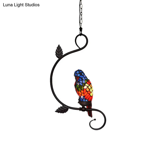 Victorian Stained Glass Parrot Pendant Light Kit - 1-Light Yellow/Blue Ceiling Suspension Lamp With