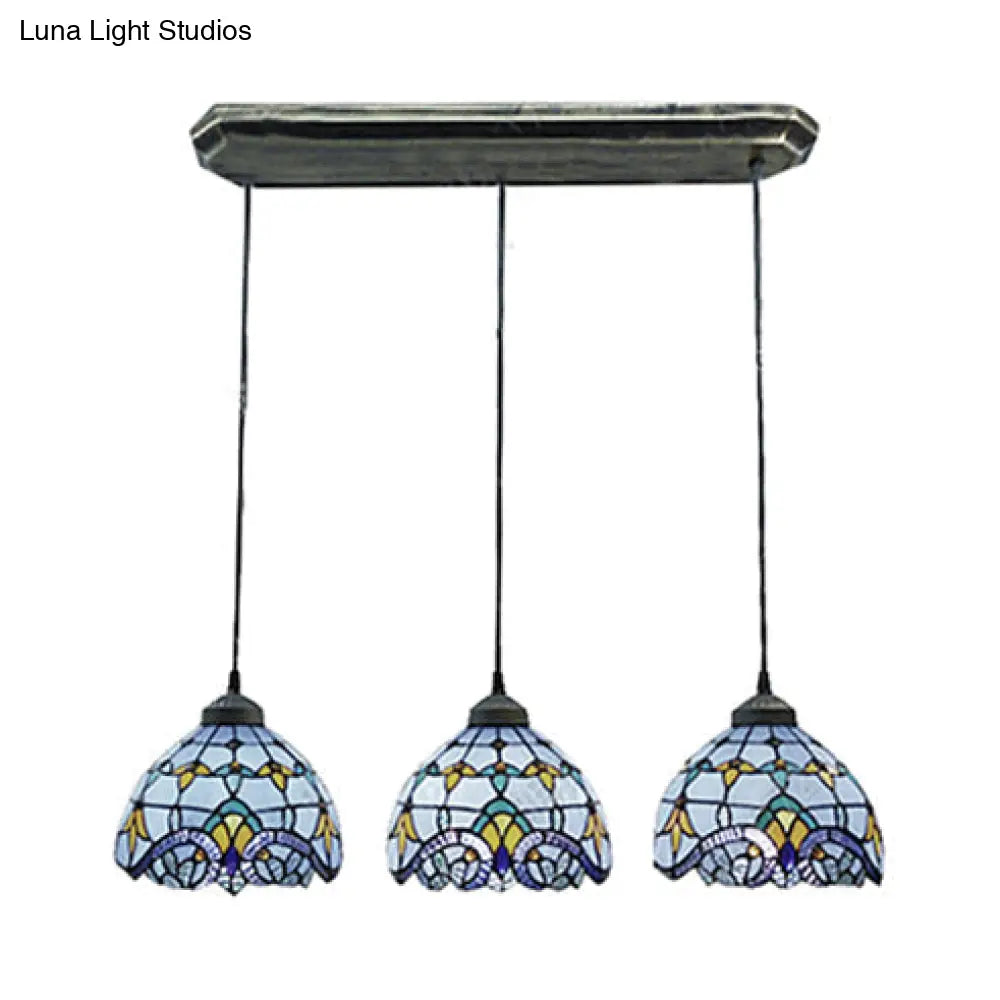 Victorian Stained Glass Pendant Light - White/Blue Linear/Round Design 3 Heads Ideal For Dining Room