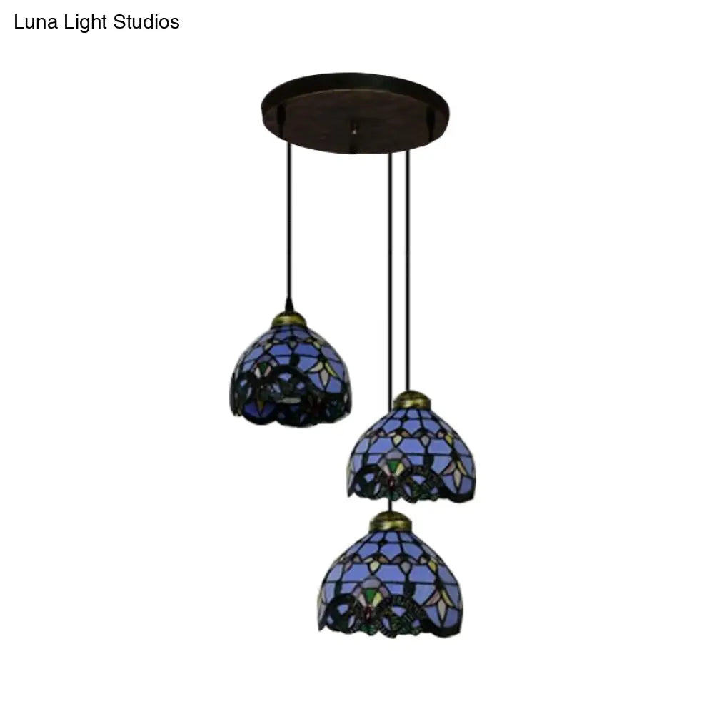 Victorian Stained Glass Pendant Light - White/Blue Linear/Round Design 3 Heads Ideal For Dining Room