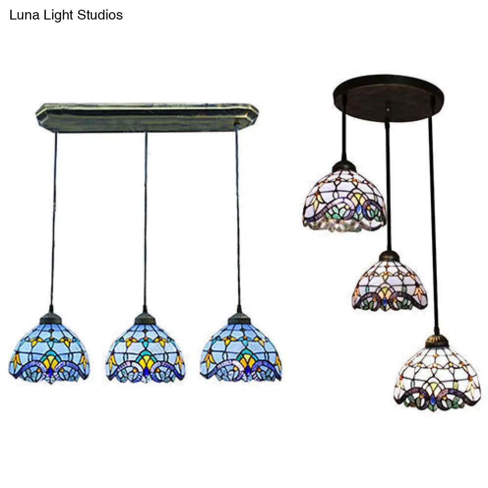 Victorian Stained Glass Pendant Light - White/Blue Linear/Round Design 3 Heads Ideal For Dining Room