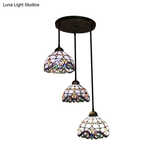 Victorian Stained Glass Pendant Light - White/Blue Linear/Round Design 3 Heads Ideal For Dining Room