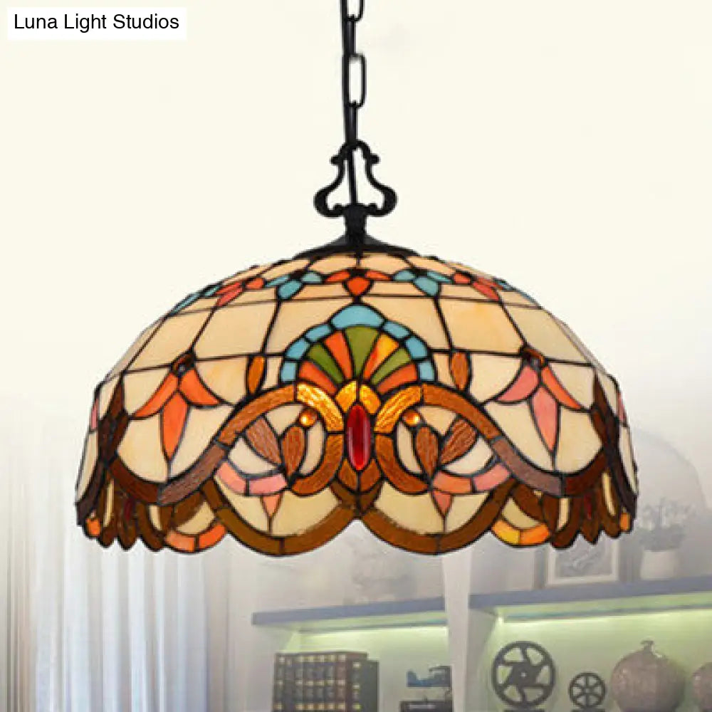 Victorian Stained Glass Pendant Light With Hanging Chain - Single Domed Ceiling Lighting Orange