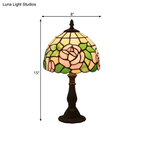 Victorian Stained Glass Pink/Purple Rose Night Lamp With Dome Shade - 1 Light Table Lighting