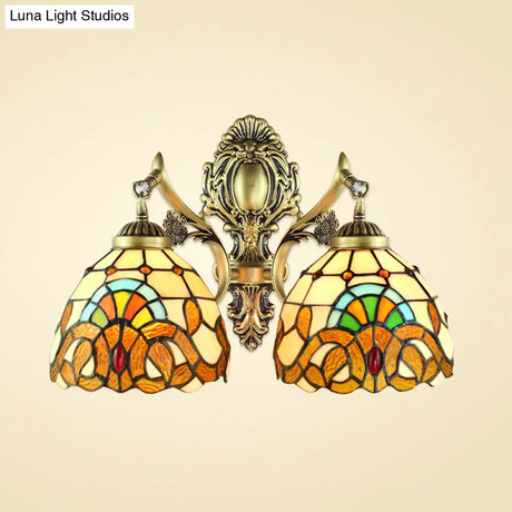 Victorian Stained Glass Wall Lamp With Multicolored Domed Shades - 2 Headed Fixture For Dining Room